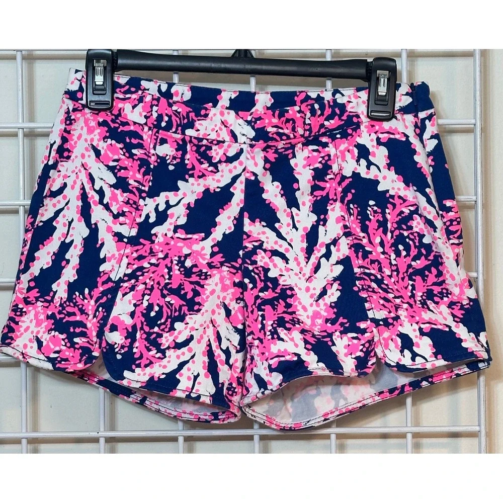 Lilly‎ Pulitzer Hazellle stretch Shorts Navy Pink Coral Reef Size 00 Side Zip